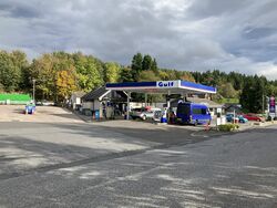 Gulf filling station, with Motorgrill restaurant behind.