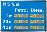 Petrol prices motorway sign.
