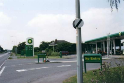 A side turning with a BP forecourt at the end of it.