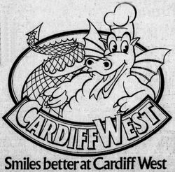 A drawing of a dragon above the words 'Cardiff West', and the strap-line: Services with a smile.