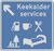 Drawing of a blue road sign saying Keekalder services, with symbols showing a fuel pump, coffee cup, a spoon and fork, a picnic table and a bed.