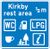 Drawing of a blue road sign saying Kirkby rest area ½m, with symbols showing WC, a petrol pump, LPG, a coffee cup, a picnic table and tourist information.