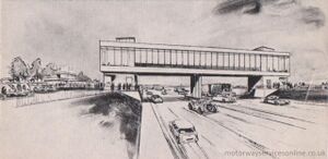 Sketch of a building above a motorway.