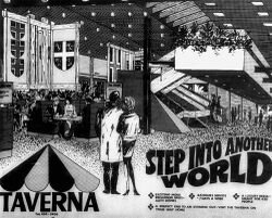 Poster showing two people standing in a busy building with the caption, step into another world at Taverna.