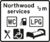 Drawing of a white road sign saying Northwood services ½m, with symbols showing WC, a petrol pump, LPG, a fork and spoon, a wheelchair and a hotel bed.