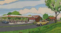 Colour sketch of a petrol forecourt with a small building.