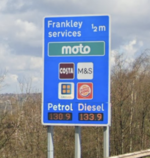 A sign saying Frankley services, with the price of fuel for unleaded and diesel.