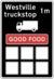 Drawing of a black road sign saying Westville truckstop 1m, owned by Good Food.