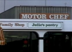 Signs saying Motor Chef, Family Shop, Julie's Pantry.