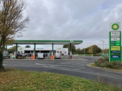 View into a BP forecourt from the road.